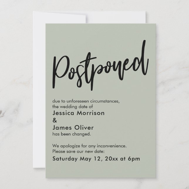 Simple Sage Green Postponed Wedding Announcement (Front)