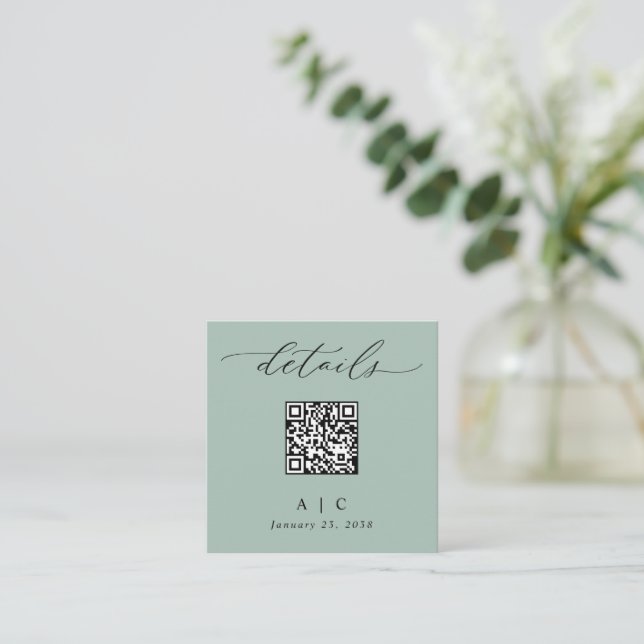 Simple Sage Green QR Code Wedding Details Enclosure Card (Standing Front)