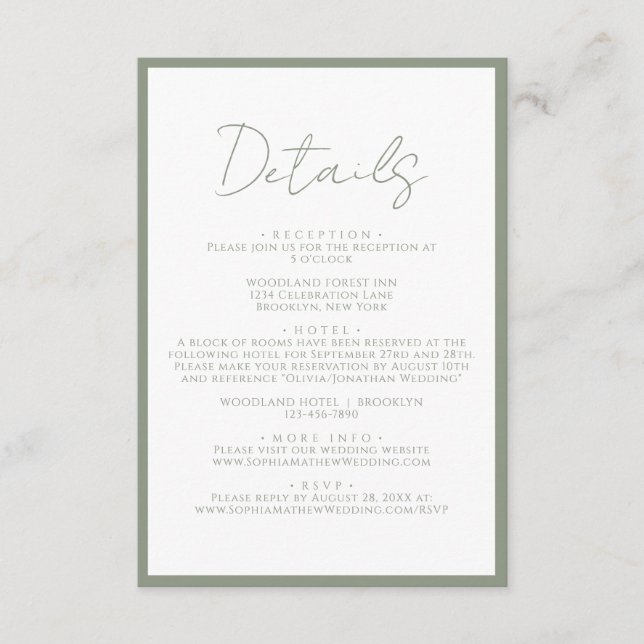 Simple Sage Green Script Wedding Details Enclosure Card (Front)