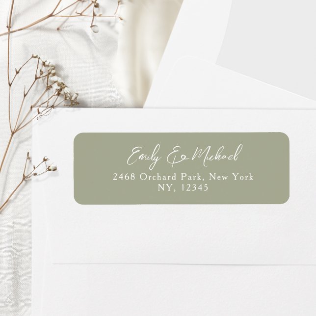Simple Sage Green Script Wedding Return Address (Elegant sage green with white calligraphy script - the perfect stylish touch for your wedding mail)