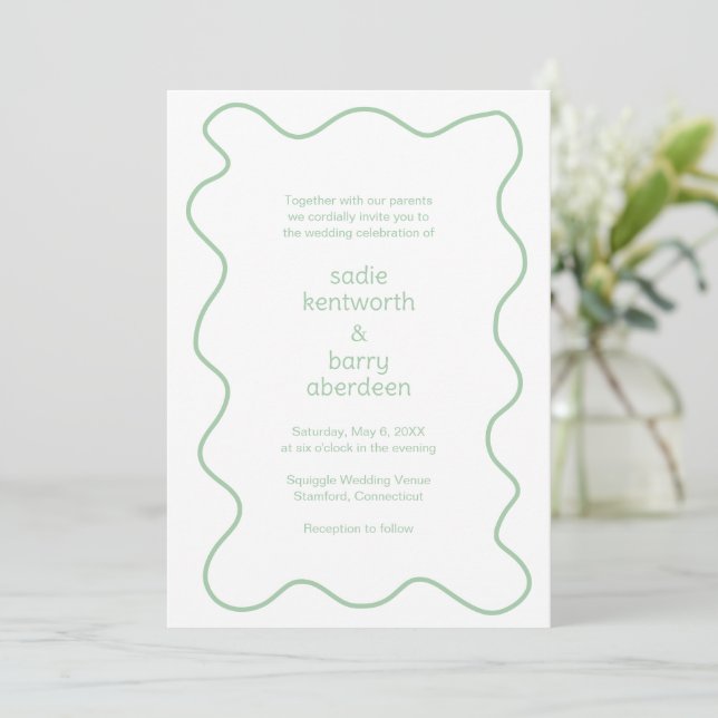 Simple Sage Green Squiggle Frame Modern Wedding Invitation (Standing Front)