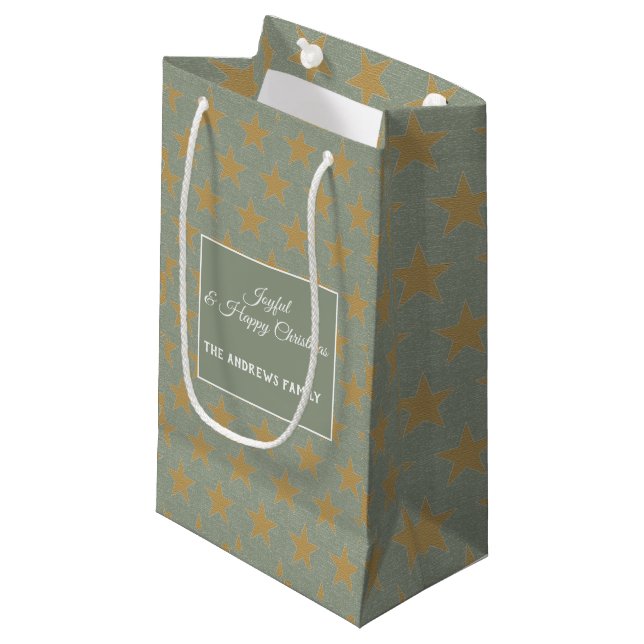 Simple Sage Green & Star Gold Christmas Small Gift Bag (Front Angled)