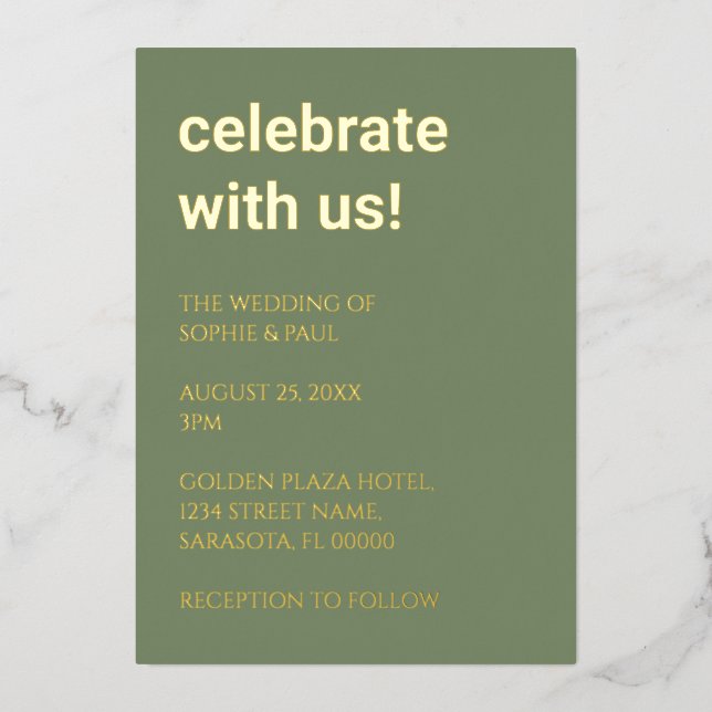 Simple Sage Green Wedding Foil Invitation (Front)