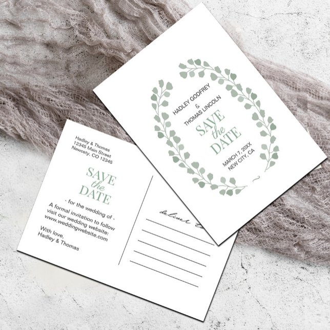 Simple Sage Green White Save the Date Announcement Postcard (Simple Sage Green and White Save the Date #savethedate #classysummerwatercolorleaves)