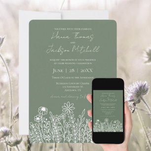 Simple Sage Green Wildflower Minimalist Wedding Invitation