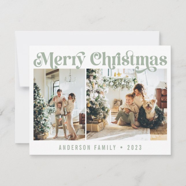 Simple Sage Minimalist Retro Christmas Two Photo Holiday Card (Front)
