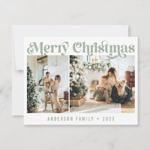 Simple Sage Minimalist Retro Christmas Two Photo Holiday Card
