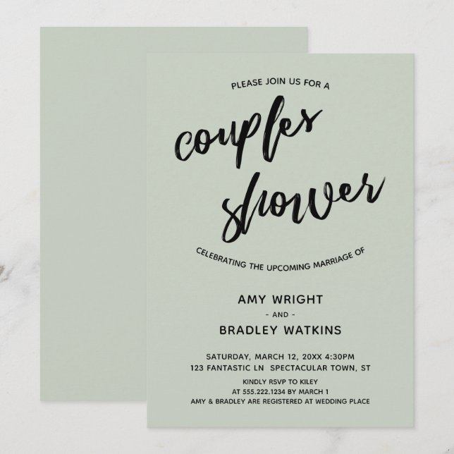 Simple Sage, Modern Handwriting Couples Shower Invitation (Front/Back)