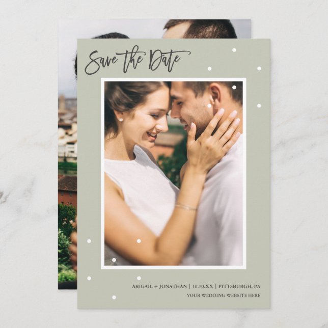 Simple Sage Two Photo with Dots Save the Date (Front/Back)