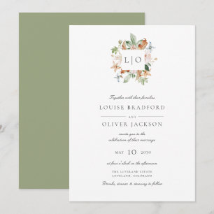 Simple Sage Watercolor Monogram Wreath Wedding Invitation