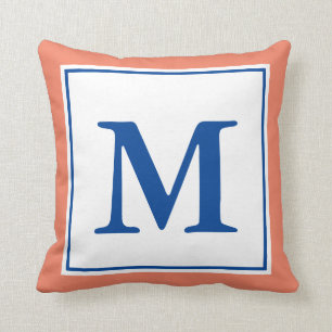 Simple Salmon and Deep Blue Monogrammed Throw Pillow