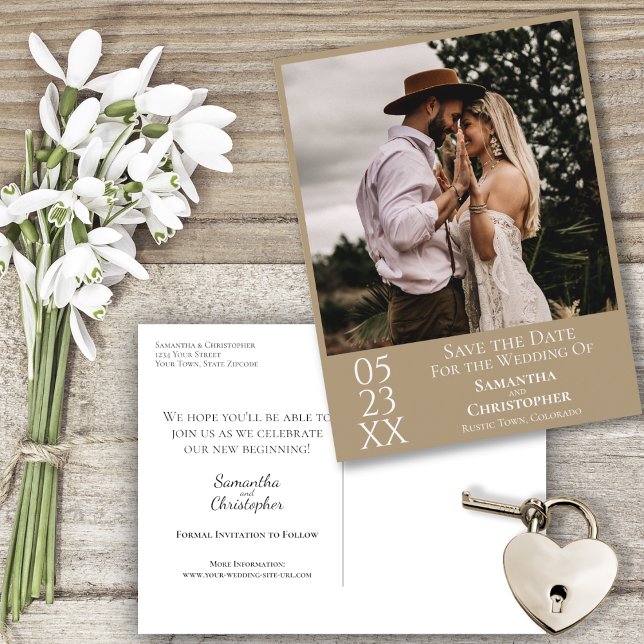 Simple Sandy Tan Wedding Save the Date Photo Postcard (Creator Uploaded)