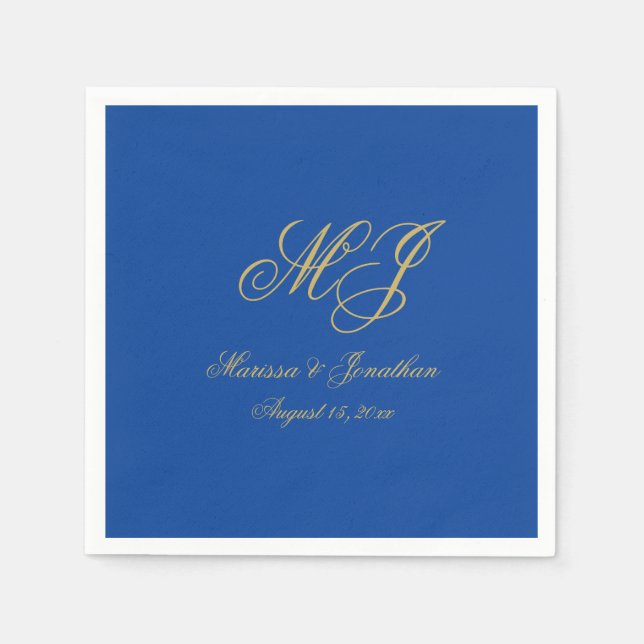 Simple Sapphire Blue Gold Monogram Script Wedding Napkin (Front)