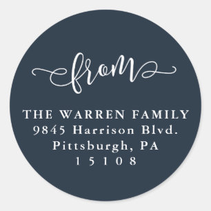 Simple save the date navy return address classic round sticker