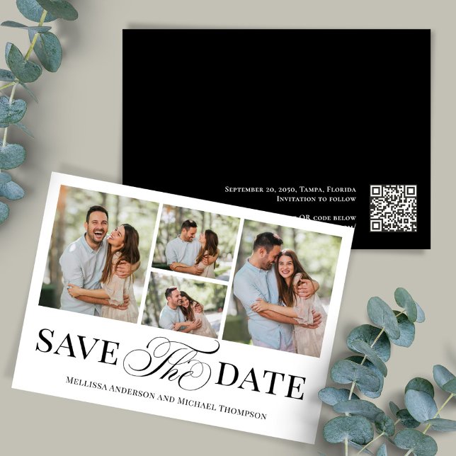 Simple Save the Date Script Photo Collage (Elegant photo collage wedding save the date photo card.)