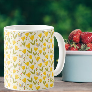 Simple Scandinavian Flowers and Birds Pattern Coffee Mug