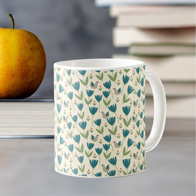 Simple Scandinavian Flowers and Birds Pattern Coffee Mug (Creator Uploaded)