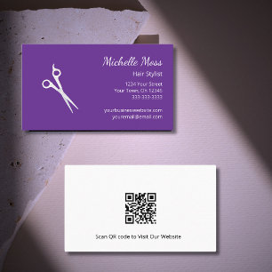 Simple Scissors QR code Hair Stylist Cute Purple  Business Card
