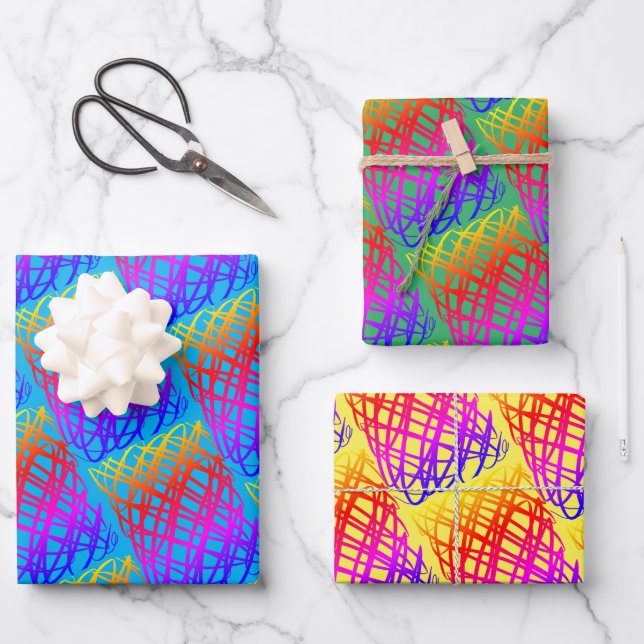 Simple Scribble | Blue, Green, Yellow Background Wrapping Paper Sheet (Front)