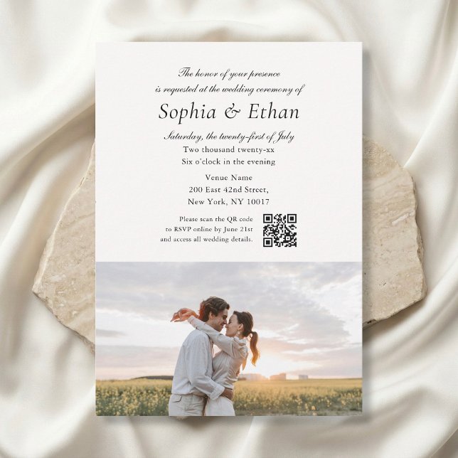 Simple Script 2 Photo QR Code Off White Wedding Invitation (Creator Uploaded)