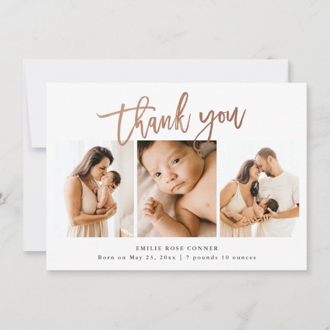 Simple Script Baby 3 Photo Birth Stat Thank You Card (Front)