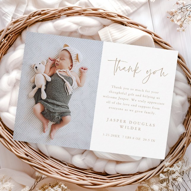 Simple Script Baby Photo Thank You Card (Simple modern script baby photo thank you cards.)