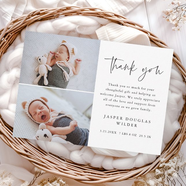 Simple Script Baby Photo Thank You Card (Simple modern script 2 photo baby thank you cards.)