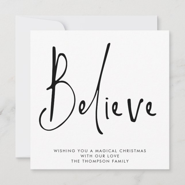 Simple Script Believe Black White Holiday Card (Front)