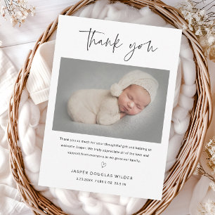 Simple Script Black and White Baby Photo Thank You Card