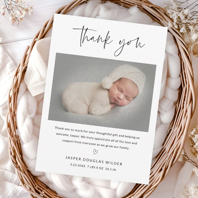 Simple Script Black and White Baby Photo Thank You Card (Simple script black and white baby photo thank you card announcement.)