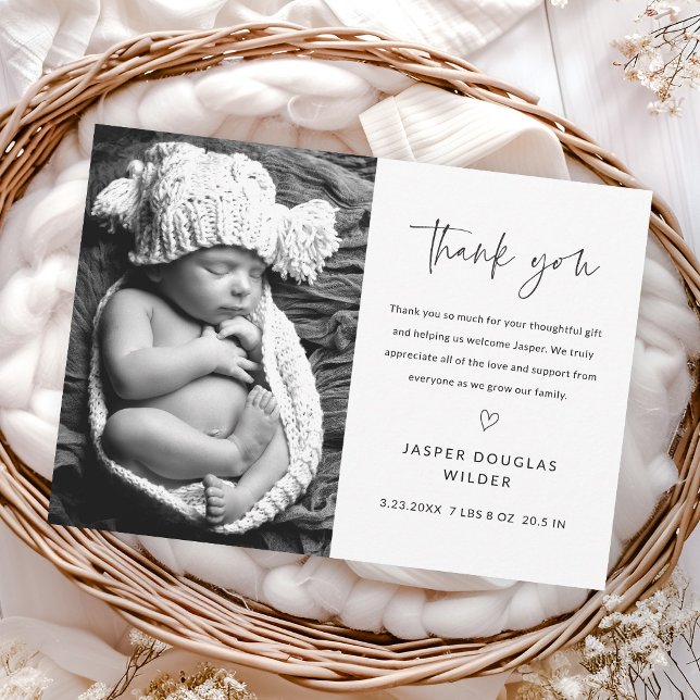 Simple Script Black and White Baby Photo Thank You Card (Simple script black and white baby photo thank you card announcement.)