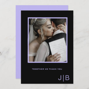 Simple script black & lavender monogram photo  thank you card
