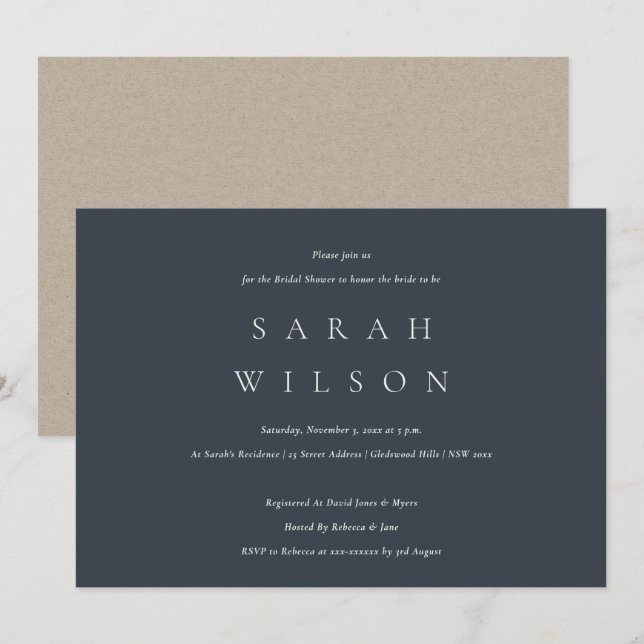 Simple Script Black Navy Bridal Shower Invite (Front/Back)