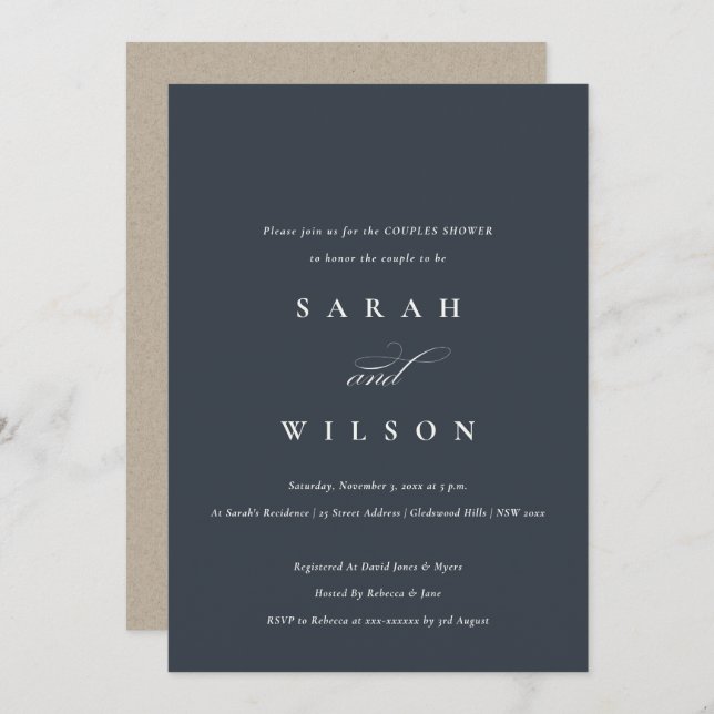 Simple Script Black Navy Couples Shower Invite (Front/Back)