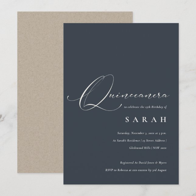 Simple Script Black Navy White Quinceañera  Invite (Front/Back)