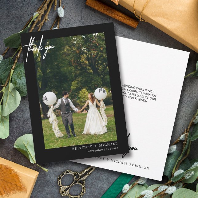 Simple Script Black Photo Carte de remerciements m (Modern elegant hand written wedding thank you card for the minimalistic bride.)