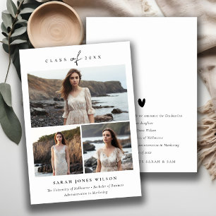 Simple Script Black & White 3 Photo Graduation Announcement