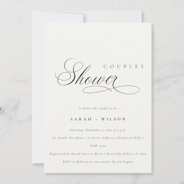 Simple Script Black White Couples Shower Invite (Front)