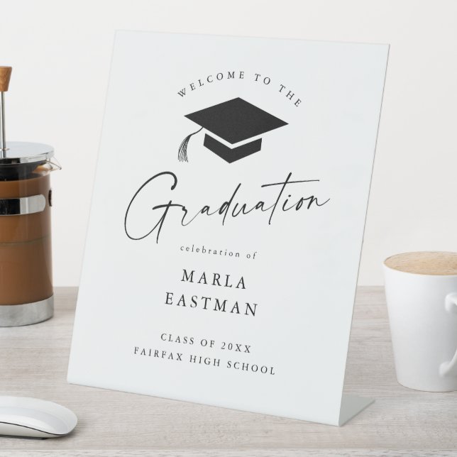 Simple Script Black & White Graduation Welcome Pedestal Sign (In SItu)