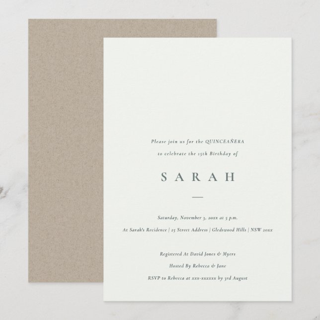 Simple Script Black White Quinceañera  Invite (Front/Back)