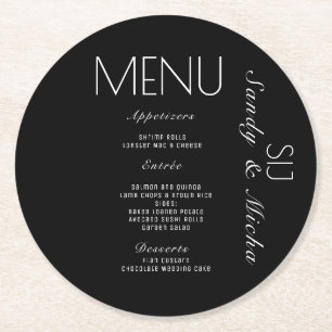 Simple Script Black White Wedding Dinner Menu Round Paper Coaster