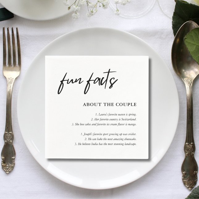 Simple Script Black White Wedding Fun Facts Napkin (Simple script black white wedding fun facts napkins add charm and spark guest conversations)