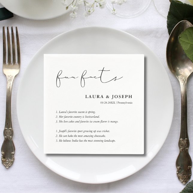 Simple Script Black White Wedding Fun Facts Napkin (Simple script black and white wedding fun facts napkins add charm and spark guest conversations)
