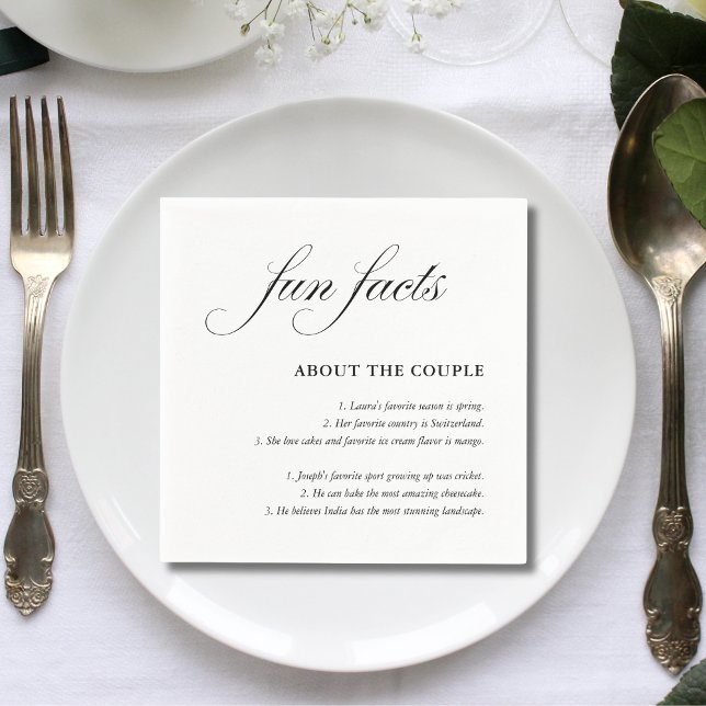 Simple Script Black White Wedding Fun Facts Napkin (Creator Uploaded)