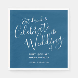 Simple script blue and white wedding napkins
