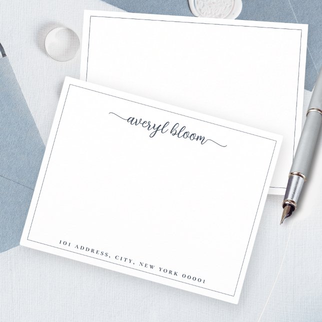 Simple Script Blue Border Personalized Stationery  Card (Creator Uploaded)