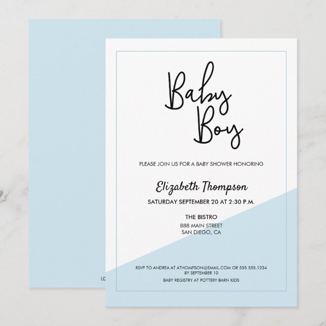 Simple Script Blue Modern Baby Boy Shower Invitation (Front/Back)