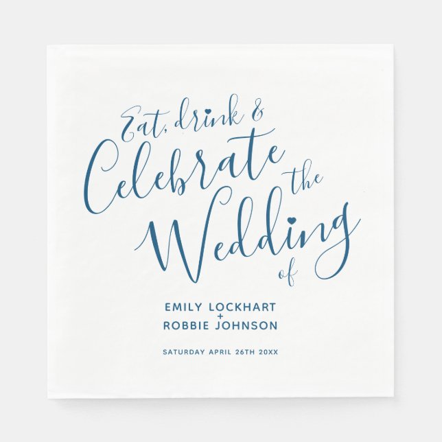 Simple script blue on white wedding napkins (Front)