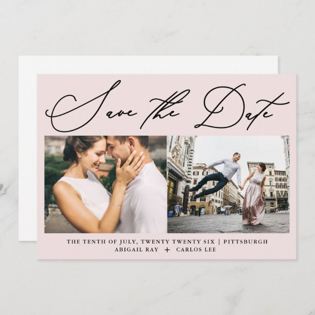 Simple Script Blush Pink Two Photo Modern Save The Date (Front/Back)