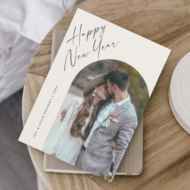 Simple Script Boho Arch Happy New Year Holiday Card (A modern script photo happy new year holiday card with boho arch and minimalist typographic layout.)